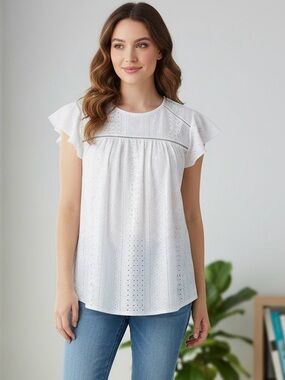 Adrianna Papell White Eyelet Flutter Sleeve Blouse Size S